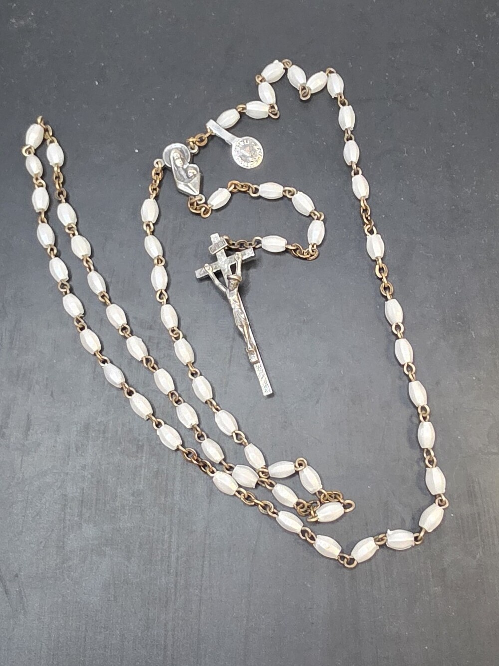 Classic White Bead Rosary Necklace with Silver Crucifix